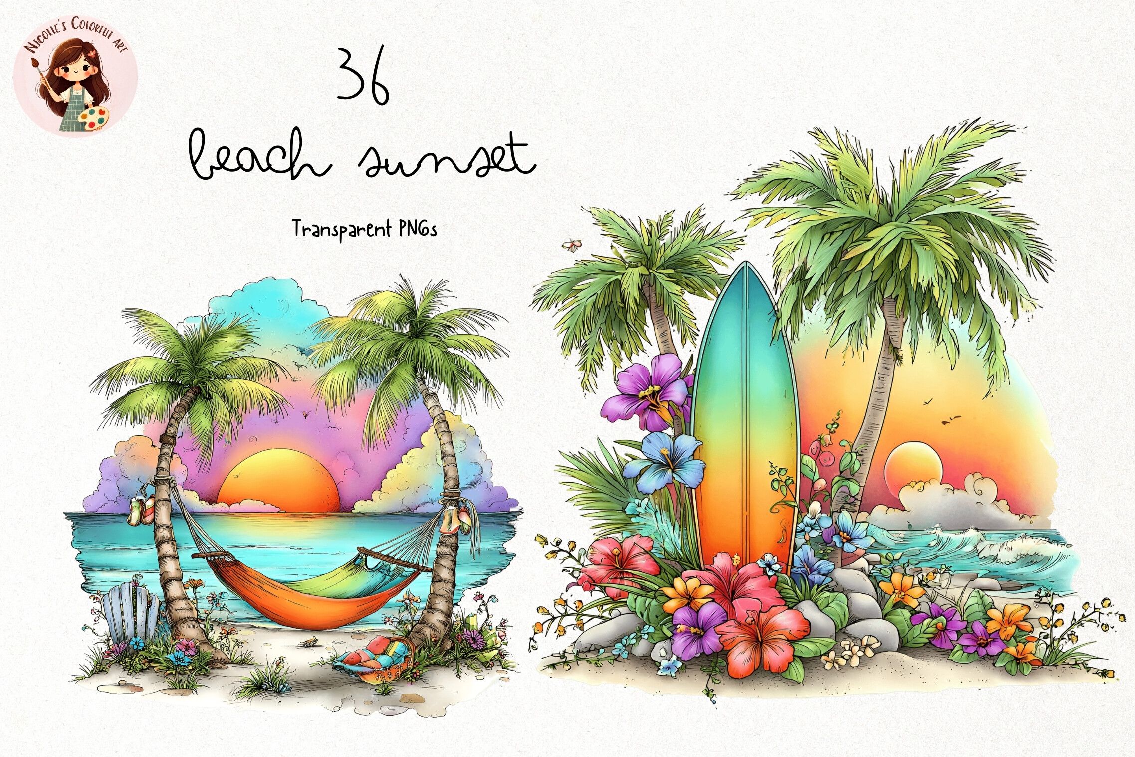 Watercolor Beach Sunset PNG Clipart
