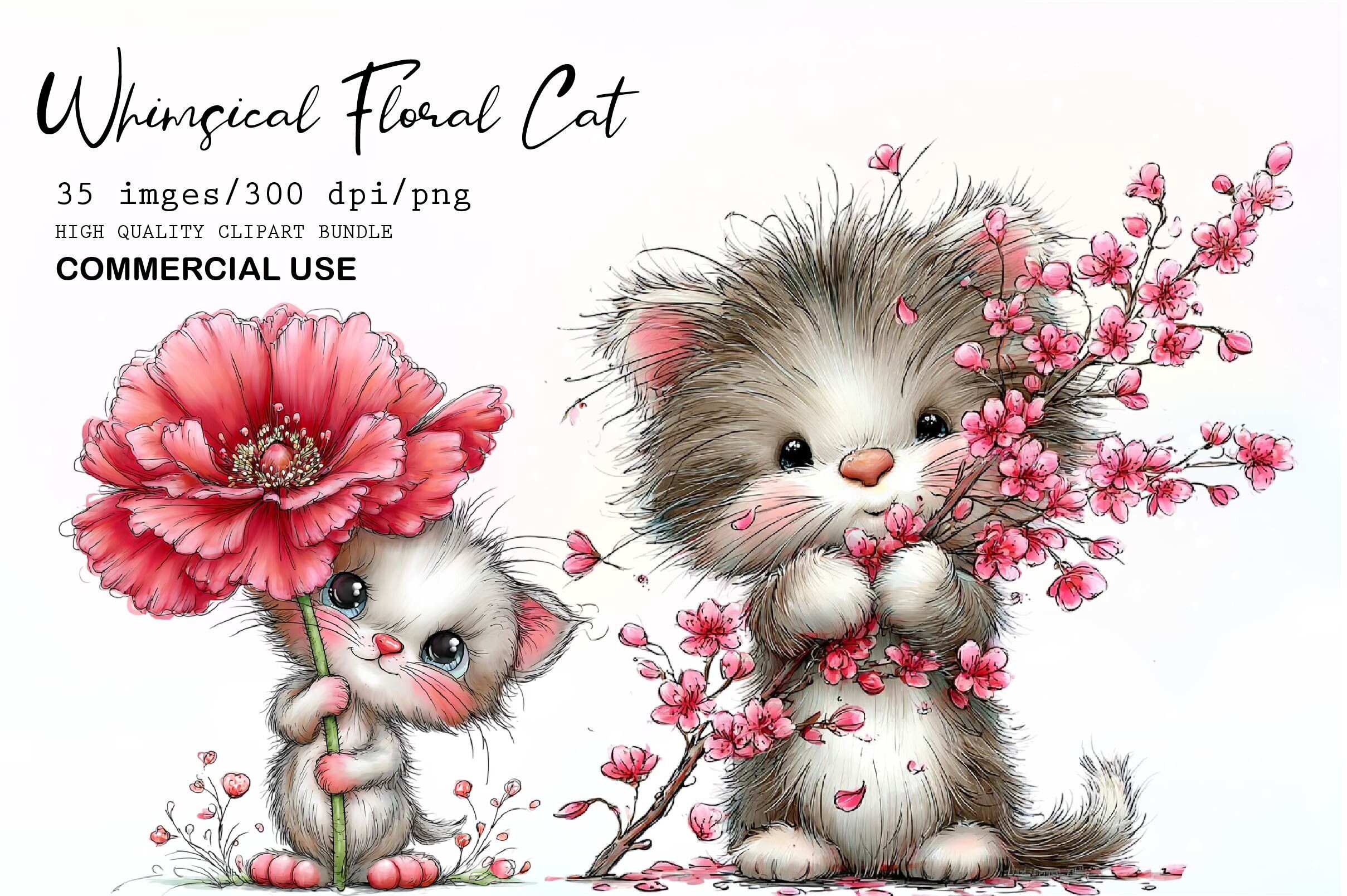 Whimsical Floral Cat PNG