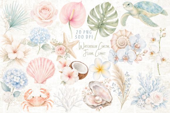 Watercolor Coastal Floral Clipart PNG