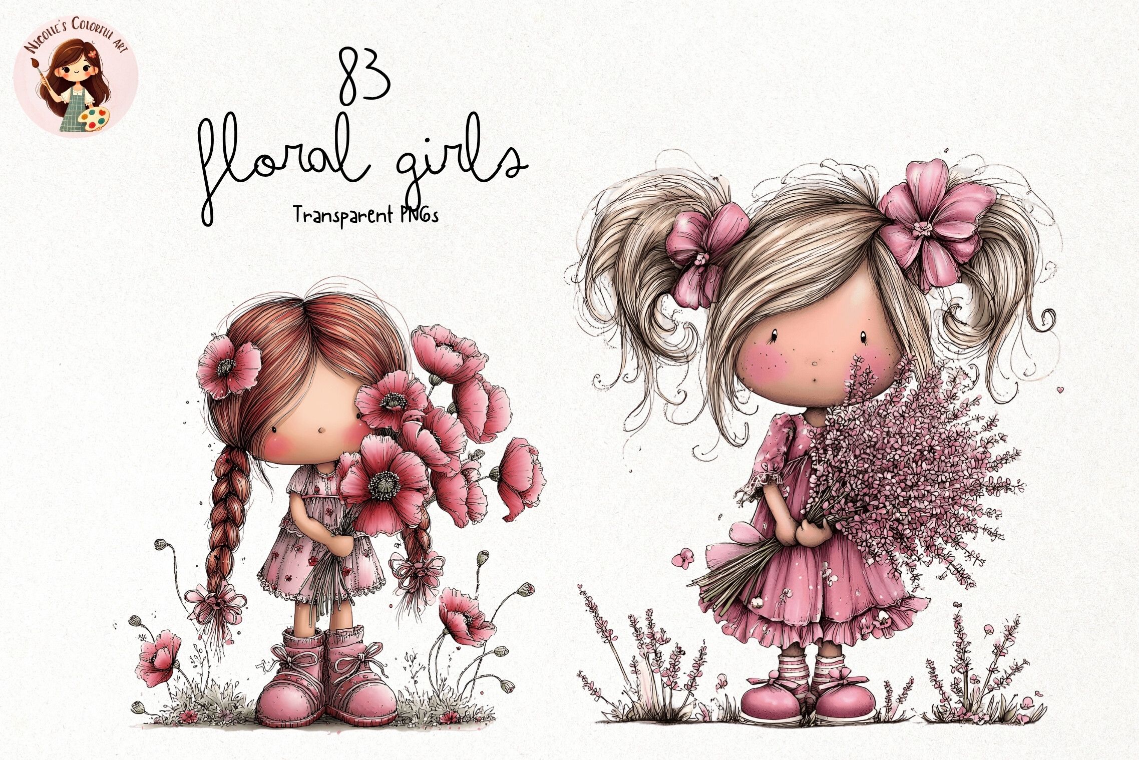 Pink Floral Girls PNG Clipart Bundle