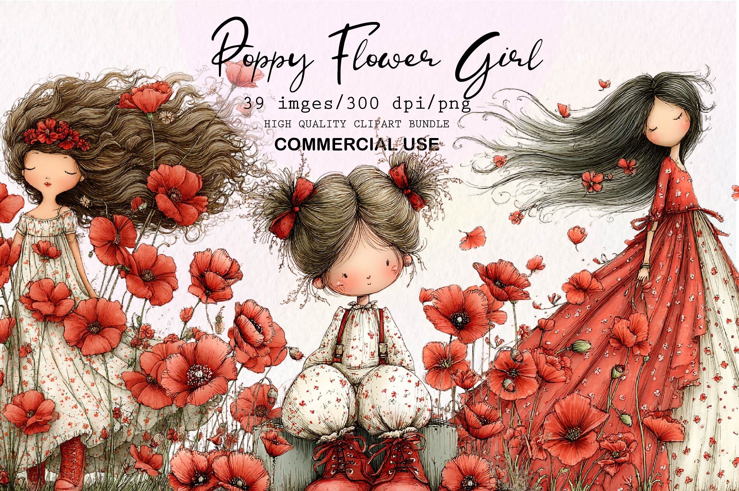 Whimsical Poppy Flower Girl PNG Clipart