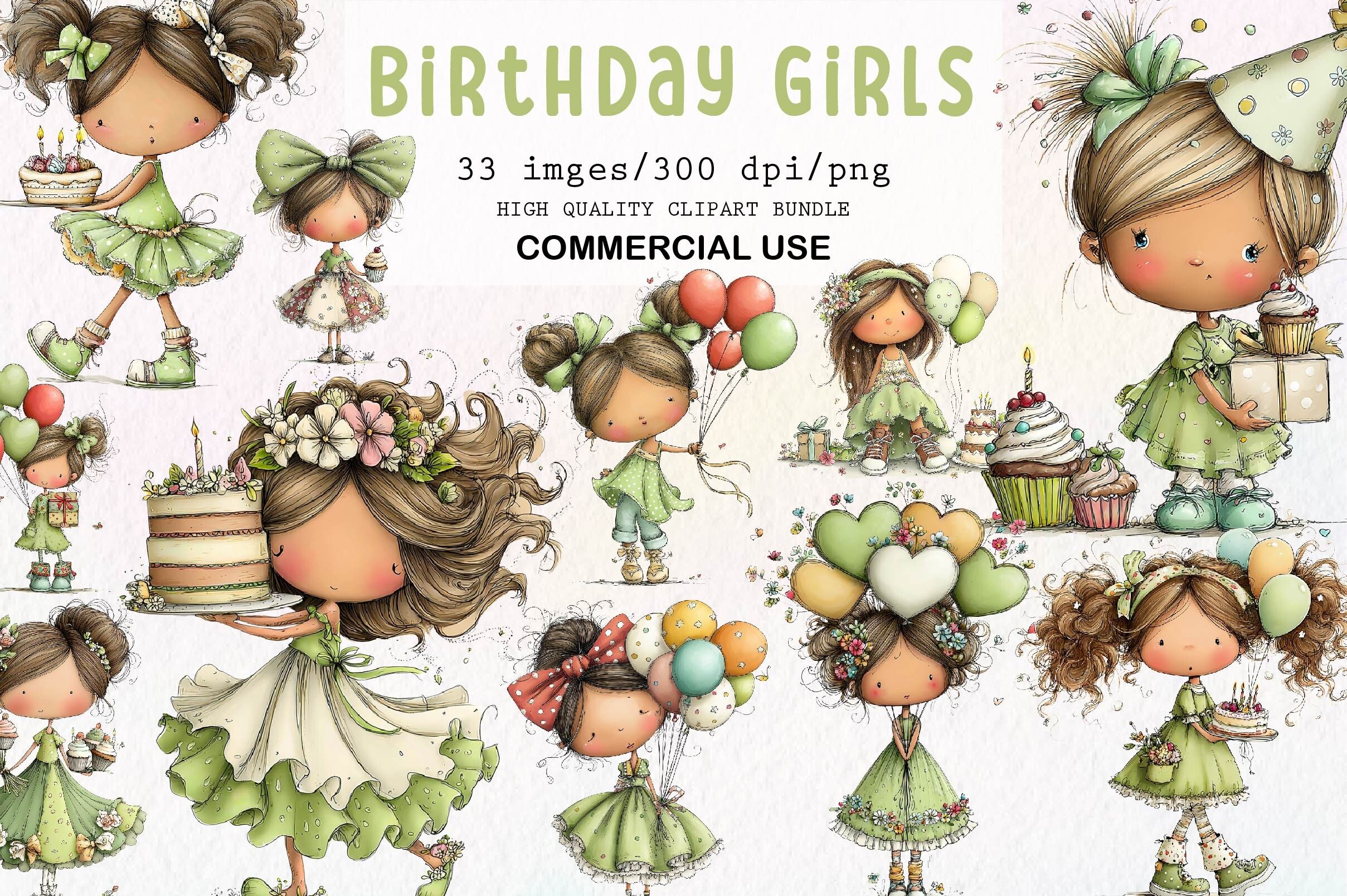 Whimsical Birthday Girls Clipart Set