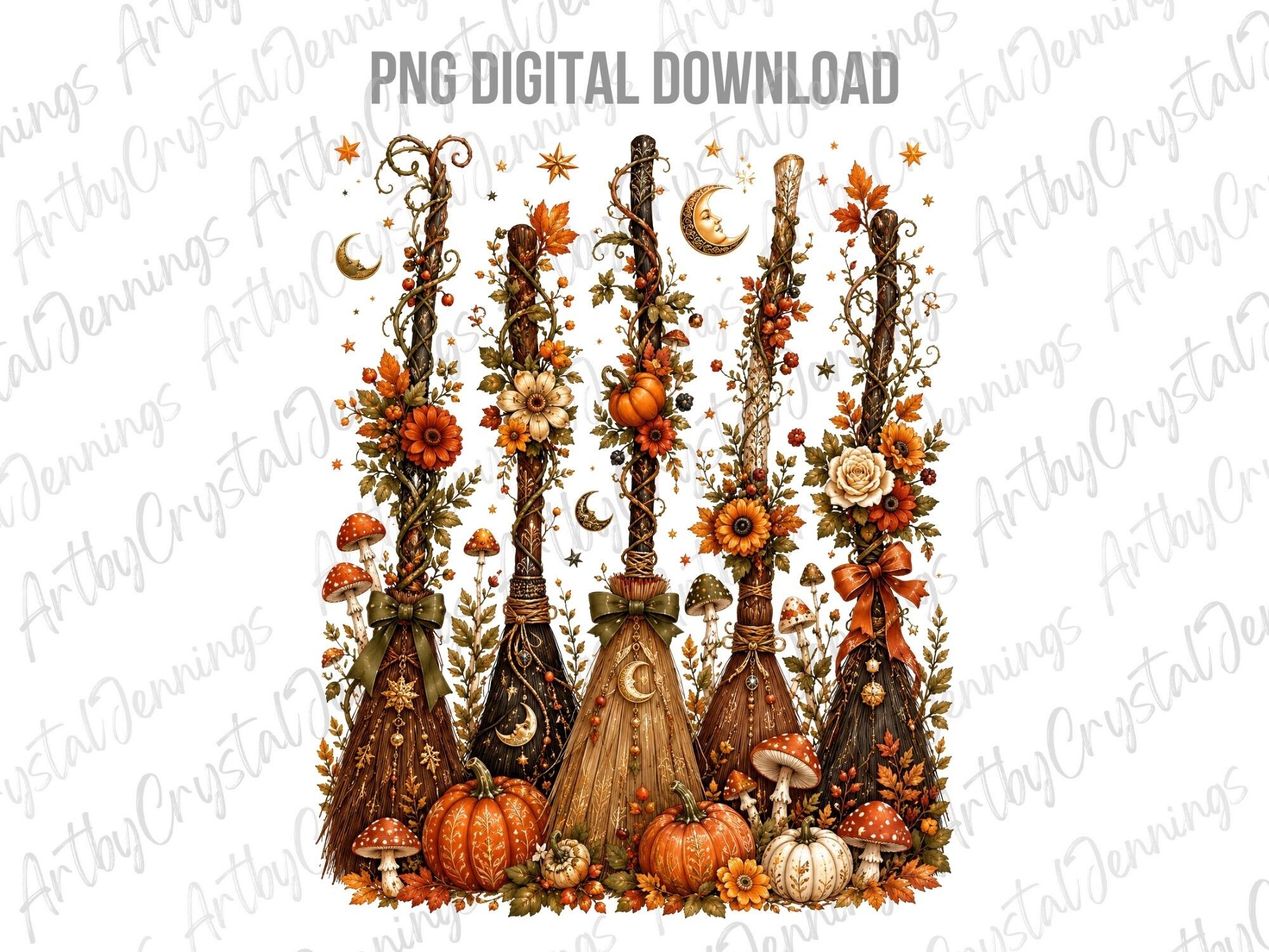Floral Autumn Witch Broom PNG