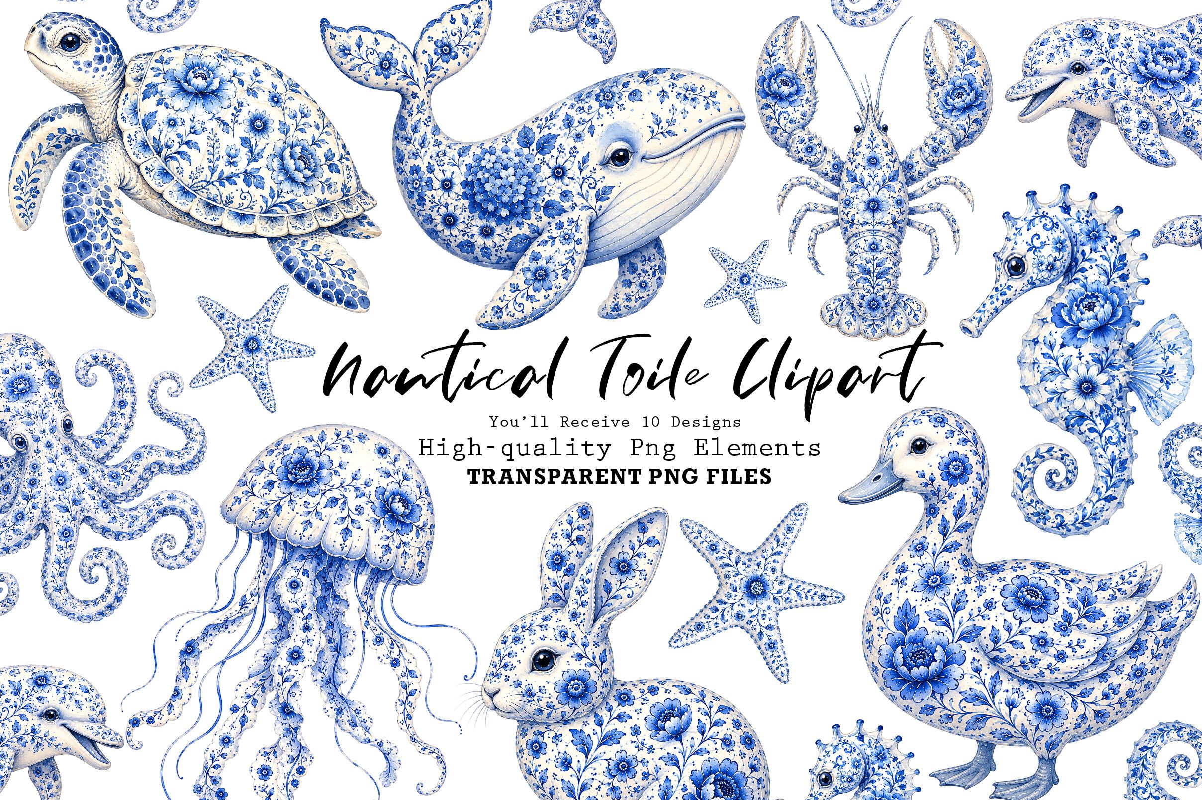 Chinoiserie Blue Sea Animals Clipart PNG
